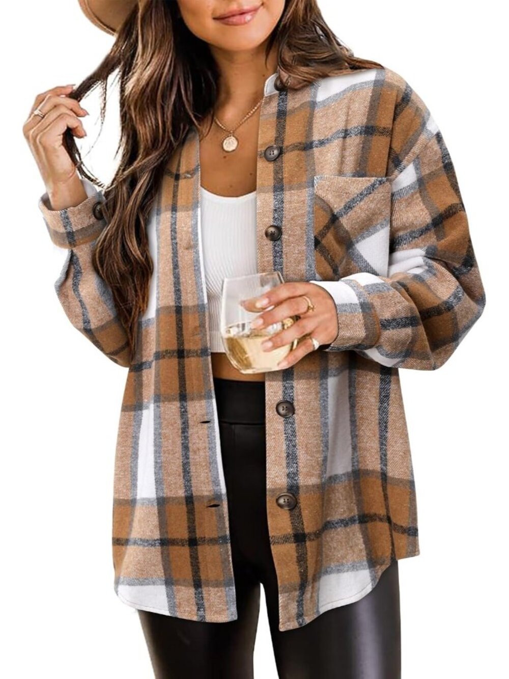 Women's Camel Brown Plaid Flannel Button-Down Long Sleeves Oversized Shacket